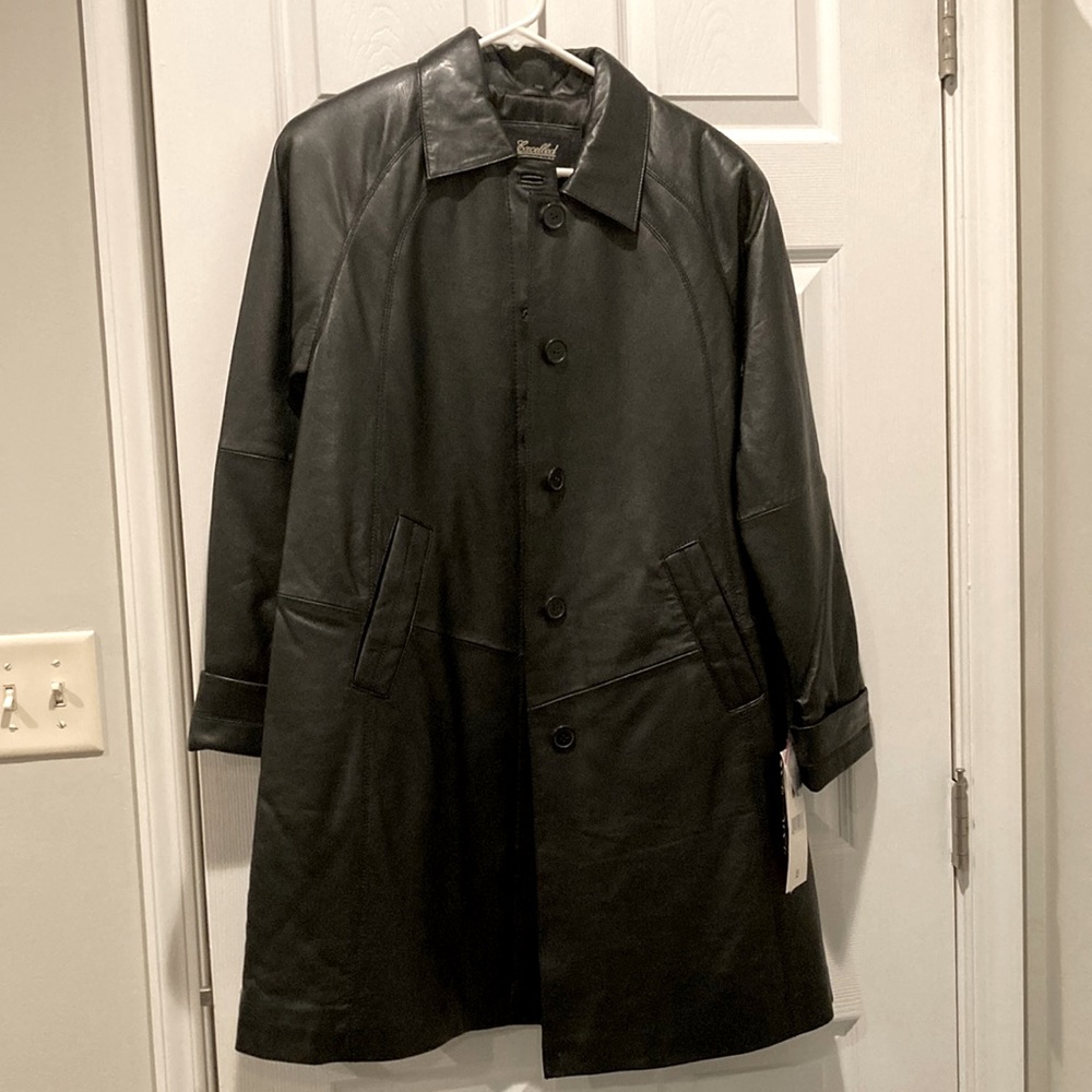 Excelled Collection black leather trench coat, XS